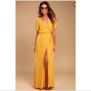 Lulu's much obliged golden yellow wrap dress.